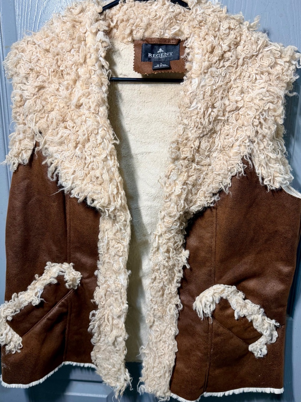 Women's Brown Suede Shearling Coat with Cream Trim